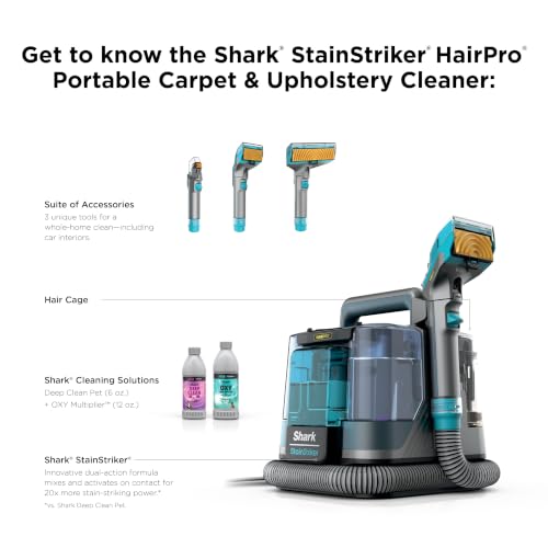 Shark StainStriker HairPro | Portable Carpet, Upholstery & Rug Cleaner | 3 Tools | Self-Cleaning | Perfect for Pets | Ultra-Powerful Stain & Odor Remover | Pet & OXY Solutions | Teal | PX253BRN - style: StainStriker w/ HairPro + 3 Tools