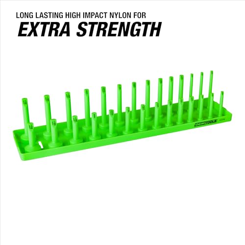 OEMTOOLS 22206 1/2" SAE Socket Tray Organizer, 28 Posts, 14 Sizes, Green Finish | Dual Rail System Socket Holder, Socket Tray with Labeled Posts, Holds 3/8" to 1-1/4", Socket Organizer for Tool Box Drawer - size: 1/2" SAE