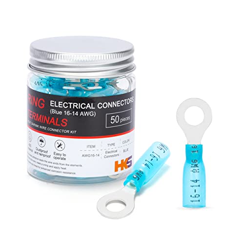 HKS 50 PCS Ring Terminals 1/4" Blue 16-14 AWG - M6 - Electrical Connectors - Heat Shrink Wire Connector Kit - Tinned Red Copper - Automotive Marine Ring Connectors - Waterproof and Insulated - size: 1/4" (M6)
