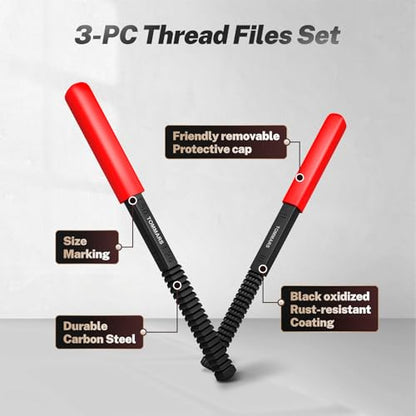 TOMMARS 3-Piece SAE and Metric Thread File Set for External Threads | Thread Restorer and Chaser Repair Tools for Cleaning and Restoring Damaged External Threads in Standard and Metric Sizes