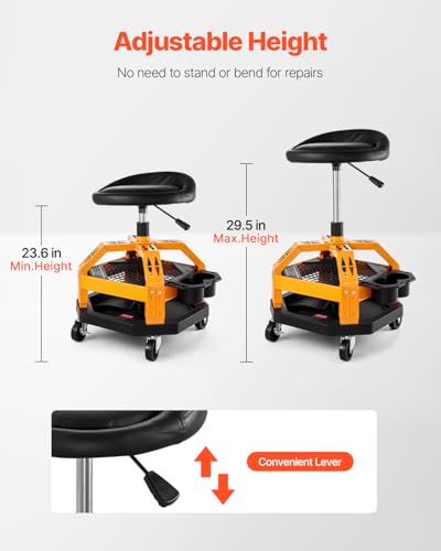 VEVOR Mechanic Stool Dual Storage Trays Rolling Stool and Garage Stool with Adjustable Height 23.6–29.5 in,Soft Waterproof Cushion 360° Swivel Casters 330 LBS Capacity Heavy Duty - color: Yellow