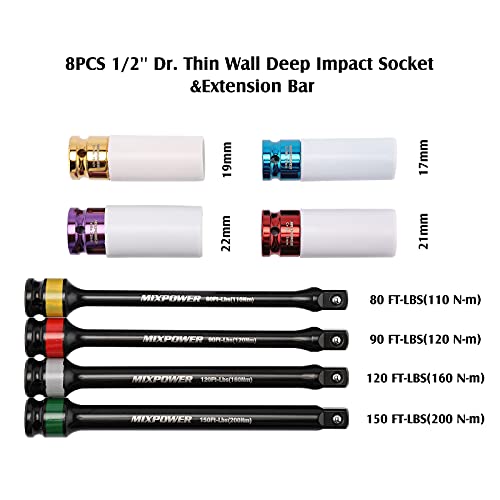 MIXPOWER 1/2-inch Drive Wheel Protector Impact Socket& 8 inch Coded Torque Limiting Socket Extension Bar 8pcs Tire Deep Socket Set, Color-Coded, 80 to 150 Ft-Lbs (110-200 Nm)