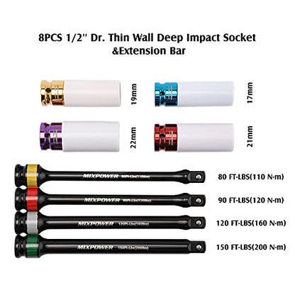 MIXPOWER 1/2-inch Drive Wheel Protector Impact Socket& 8 inch Coded Torque Limiting Socket Extension Bar 8pcs Tire Deep Socket Set, Color-Coded, 80 to 150 Ft-Lbs (110-200 Nm)