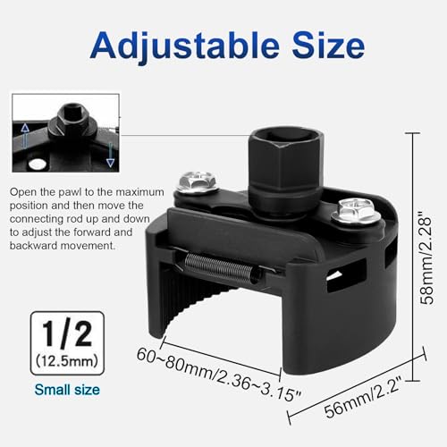 Universal Adjustable Oil Filter Wrench– 2-3/8 to 3-1/8 Inch (60-80mm) - 1/2'' Drive Cap Style Oil Filter Removal Tool, Fits Small to Medium Spin-on Filters, UTVs, JetSkis