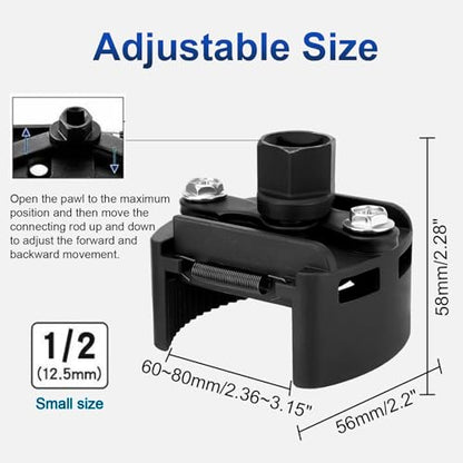 Universal Adjustable Oil Filter Wrench– 2-3/8 to 3-1/8 Inch (60-80mm) - 1/2'' Drive Cap Style Oil Filter Removal Tool, Fits Small to Medium Spin-on Filters, UTVs, JetSkis