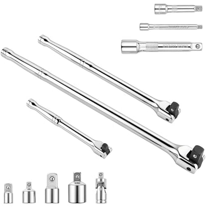 11Pcs Breaker Bar Set | 1/4”, 3/8” and 1/2” Drive, 180 Degree Rotatable Head, 4 Socket Adapters and 1/4" Universal Joint, Cr-V