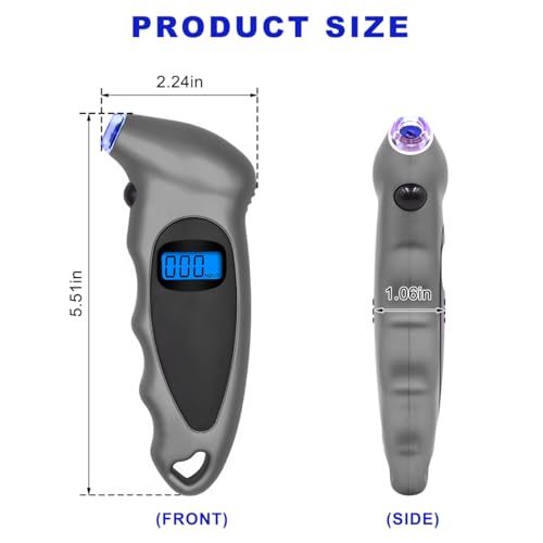 Digital Tire Pressure Gauge, 150PSI 4 Settings High Accuracy Tire Gauge with Backlit LCD and Non-Slip Grip, Easy to Read Air Pressure Gauge for Cars, Trucks and Bicycles (Gray) - color: Gray