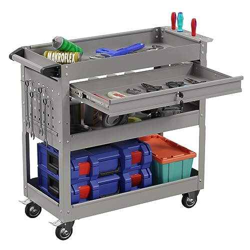 3-Tier Heavy Duty Utility Cart on Wheels, Rolling Tool Cart on Wheels with a Drawer, 350 Lbs Load Capacity Service Cart for Warehous, Garage and Repair Shop (Grey) - color: Gray
