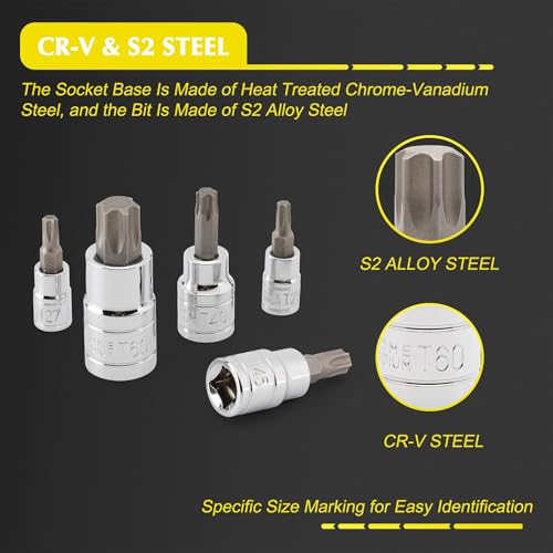 EMENTOL 14PCS Torx Bit Socket Set, CR-V, S2 Steel, 1/4", 3/8" and 1/2" Drive Star Bit Socket Set, T6 - T60 - size: 14PCS Standard Torx Bit Socket Set (T6-T60)