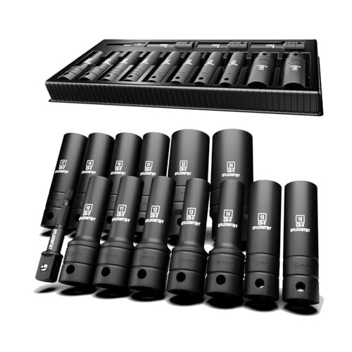 OTLOOMTBT 14PCS Impact Socket Set 1/2 Drive Metric Deep Sockets | Heavy Duty Chrome Vanadium Steel, 6-Point Grip, Rust Resistant Deep Socket Set with Adapter for Auto Repair & Mechanics - style: 14PCS 1/2" Drive Impact Socket Set (Metric - Without Storage