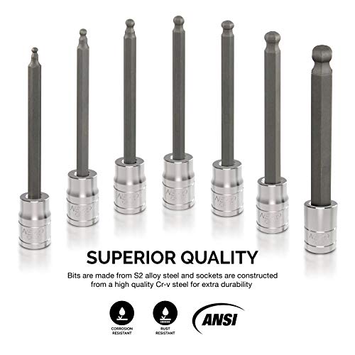 Neiko 10244A 3/8-Inch-Drive Extra-Long Ball-End Hex-Bit Socket Set, SAE Sockets 1/8" to 3/8", S2 Steel, 7-Piece Set - size: 7 Piece, Ball-End, style: SAE