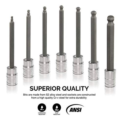 Neiko 10244A 3/8-Inch-Drive Extra-Long Ball-End Hex-Bit Socket Set, SAE Sockets 1/8" to 3/8", S2 Steel, 7-Piece Set - size: 7 Piece, Ball-End, style: SAE