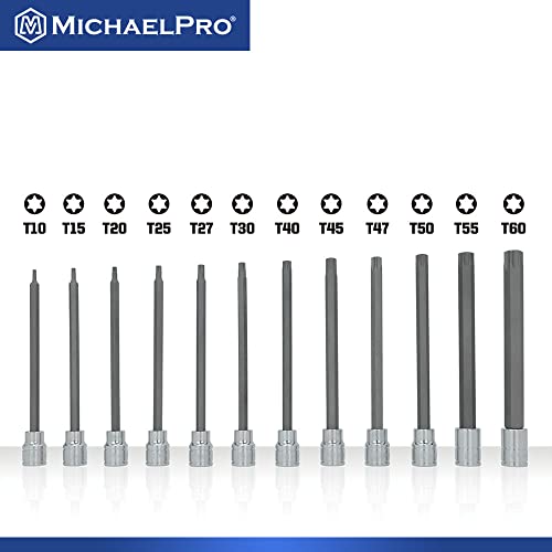 MichaelPro 12-Piece 3/8'' Drive Long Torx Bit Socket Set, T10 to T60, 6-Inch Length for Easy Reach in Deep Areas, High Torque Resistant CR-V and S2 Steel, Sturdy Storage Case Included - MP012019 - size: T10 to T60