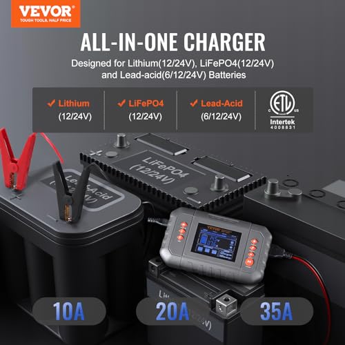 VEVOR Smart Battery Charger, 35-Amp, Lithium LiFePO4 Lead-Acid (AGM/Gel/SLA) Car Battery Charger with LCD Display, Trickle Charger Maintainer Desulfator for Boat Motorcycle Lawn Mower Deep Cycle - size: 7.9 x 4.5 x 2.12 in