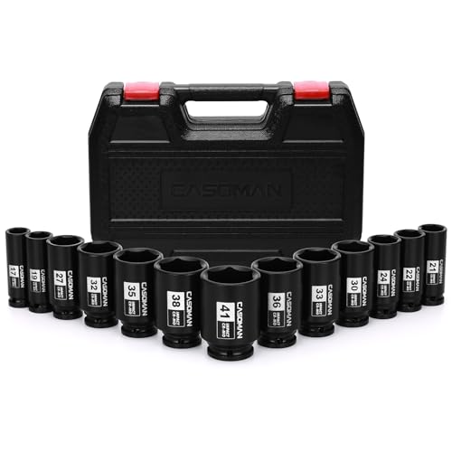 CASOMAN 1/2” Drive Deep Big Impact Socket Set, 13-Piece Large Spindle Axle Nut Impact Wrench Socket Set, 6 Point, CR-MO, Metric, 17mm - 41mm