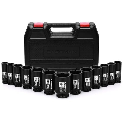 CASOMAN 1/2” Drive Deep Big Impact Socket Set, 13-Piece Large Spindle Axle Nut Impact Wrench Socket Set, 6 Point, CR-MO, Metric, 17mm - 41mm