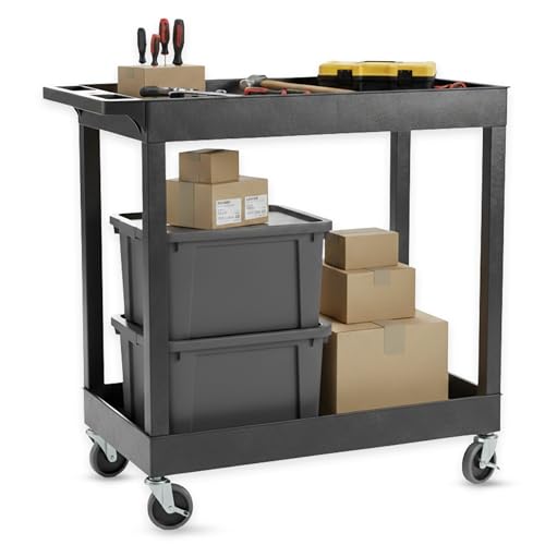Luxor 32" x 18" Tub Storage Cart 2 Shelves - Black, (EC11-B) | Heavy-duty HDPE plastic utility rolling station with 4 inch swivel casters; ideal for mechanic garage, warehouse and office