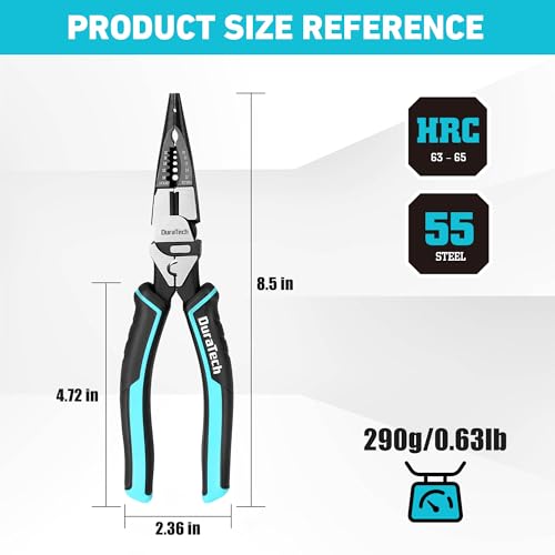 DURATECH 6-in-1 Needle Nose Pliers, 8.5" Multipurpose Long Nose Pliers with Wire Stripper/Crimper/Cutter Function, Heavy Duty Multifunctional Electrician Pliers for Crimping, Stripping, Shearing