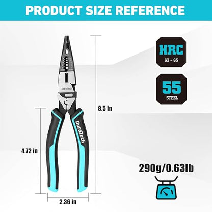 DURATECH 6-in-1 Needle Nose Pliers, 8.5" Multipurpose Long Nose Pliers with Wire Stripper/Crimper/Cutter Function, Heavy Duty Multifunctional Electrician Pliers for Crimping, Stripping, Shearing