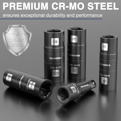 WORKPRO 5PCS Impact Socket Set 1/2" Drive, Lug Nut Socket Set, Wheel Socket Set Cr-Mo Steel, Includes 1PC 3" Extension Bar & 4PCS Flip Sockets of 6 Metric and SAE Sizes - size: 5pcs Flip Socket Set