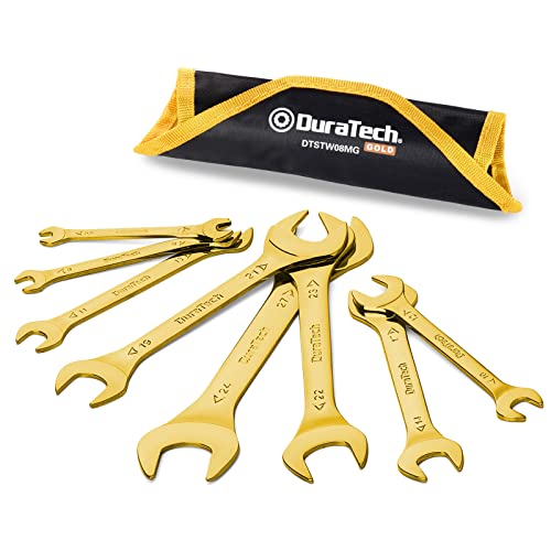 DURATECH Super-Thin Open End Wrench Set, Metric, 8-Piece, 5.5mm to 27 mm, Titanium Plating, Slim Spanner Set with Rolling Pouch - color: Gold, size: Metric