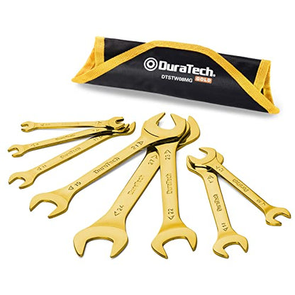 DURATECH Super-Thin Open End Wrench Set, Metric, 8-Piece, 5.5mm to 27 mm, Titanium Plating, Slim Spanner Set with Rolling Pouch - color: Gold, size: Metric
