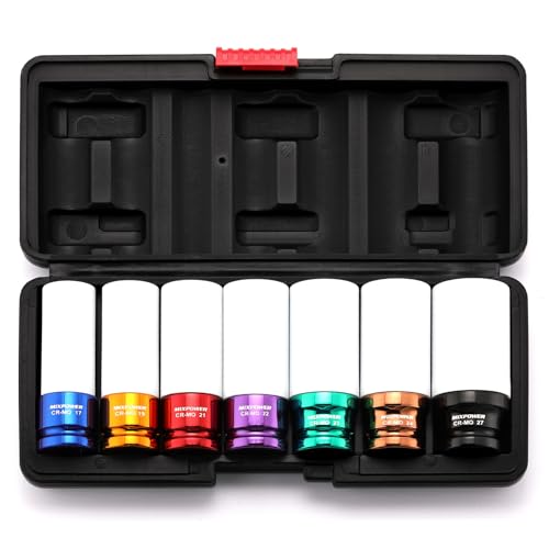 1/2" Drive Wheel Protector Impact Socket, 7pcs Thin Wall Deep Impact Socket Set, Durable Plastic Sleeve Lug Nut Socket, 6 Point, Metric, Color-Coded, 17mm, 19mm, 21mm, 22mm, 23mm, 24mm,27mm - size: 17 mm, 19 mm, 21 mm, 22 mm, 23 mm, 24 mm, 27 mm