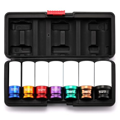 1/2" Drive Wheel Protector Impact Socket, 7pcs Thin Wall Deep Impact Socket Set, Durable Plastic Sleeve Lug Nut Socket, 6 Point, Metric, Color-Coded, 17mm, 19mm, 21mm, 22mm, 23mm, 24mm,27mm - size: 17 mm, 19 mm, 21 mm, 22 mm, 23 mm, 24 mm, 27 mm