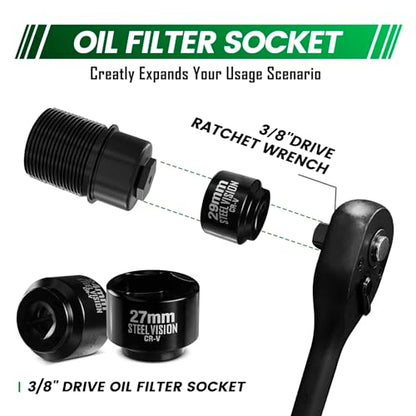Steel Vision 5-Piece 3/8" Drive Low Profile Oil Filter & Oil Canister Socket Set, Metric 24mm, 27mm, 29mm, 32mm, 36mm, Chrome Vanadium Steel, 6-Point Design, Laser-Etched Markings (Upgraded Style)