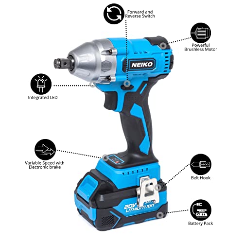 NEIKO 10883A Brushless Cordless Impact Wrench 1/2 Inch-Drive, 20-Volt Compact Impact, Cordless Power 1/2" Impact Gun for Car Tires w/Li-Ion Battery & Fast Charger, High Torque Electric Automotive Gun - style: 1/2" Brushless Impact Wrench