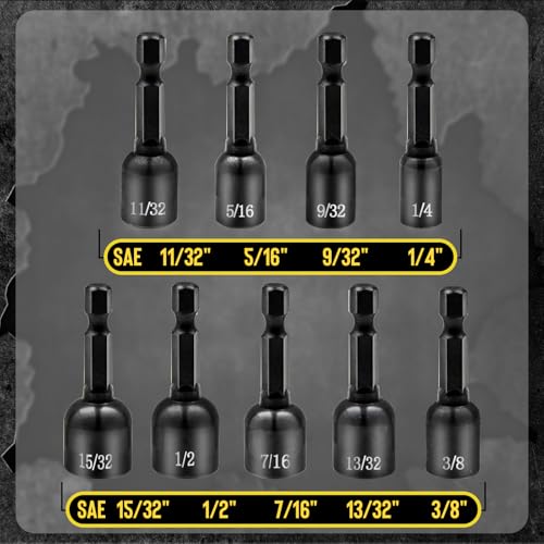 9-PCS Magnetic Nut Driver Set - Impact Nut Driver Bit Set for Impact Drill, SAE, Drill Socket Set, 1/4 Inch Hex Shank, Cr-V Steel - style: 9pcs SAE