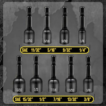 9-PCS Magnetic Nut Driver Set - Impact Nut Driver Bit Set for Impact Drill, SAE, Drill Socket Set, 1/4 Inch Hex Shank, Cr-V Steel - style: 9pcs SAE