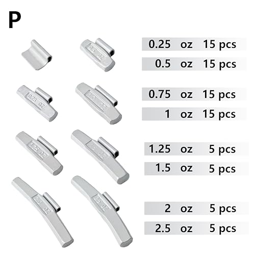 P-M80 Wheel Weight Kit P Style Grey 80 pcs/kit: 1/4 oz, 1/2 oz, 3/4 oz, 1 oz 15 pcs Each, 1 1/4 oz, 1 1/2 oz, 2 oz and 2 1/2 oz 5 pcs Each - size: P-M80