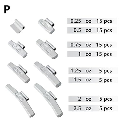 P-M80 Wheel Weight Kit P Style Grey 80 pcs/kit: 1/4 oz, 1/2 oz, 3/4 oz, 1 oz 15 pcs Each, 1 1/4 oz, 1 1/2 oz, 2 oz and 2 1/2 oz 5 pcs Each - size: P-M80