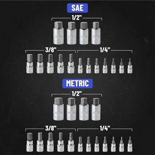Bates Hex Bit Socket Set - 32 Piece, 1/4", 3/8", & 1/2" Drive, Allen & Metric Socket Set With Case