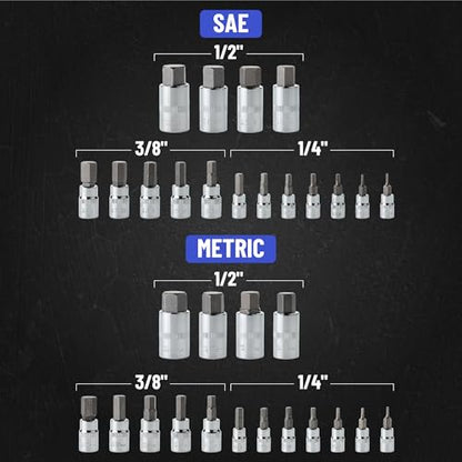 Bates Hex Bit Socket Set - 32 Piece, 1/4", 3/8", & 1/2" Drive, Allen & Metric Socket Set With Case