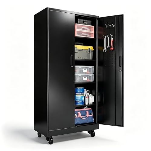 Rolling Tool Cabinet with Pegboard, 71" Tool Cabinets with 4 Adjustable Shelves for Garage, Tool Room, Assembly Required(Black) - color: Black, size: 71''H-2 Doors & 4 Shelf