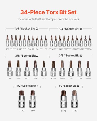 VEVOR Torx Bit Socket Set, 34-Piece Solid Star and Tamper Proof T6-T70, S2 Alloy Steel and Cr-V Steel, 1/4 in, 3/8 in, and 1/2 in Drives, with Enhanced Storage Case, Torx Sockets for Hand Use - style: 34 PCS Torx