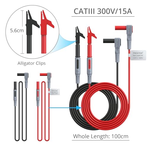 Proster 24pc Multimeter Test Lead Kit - Probes Alligator Clips 1000V | Replaceable 2 Probes 8 Tips 4 Clips 2 Spring Hooks 2 Leads 2 Banana 2 Spade CAT III 1000V, 10A Silicone leads - style: Test Leads 24pcs