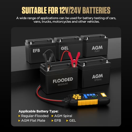 BT760 12V/24V Car Battery Tester with Printer, 30-2000 CCA | Tests flooded, AGM, GEL and EFB lead-acid batteries; includes 3 thermal paper rolls for printable test reports.
