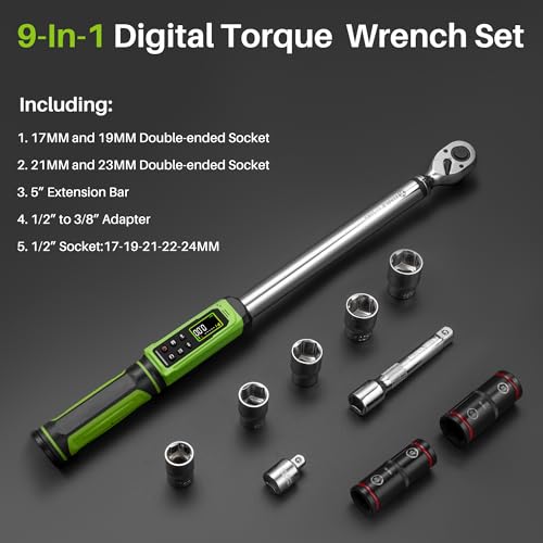 1/2" Digital Torque Wrench Set-3.8-250.8Ft.Lb for Car Auto Trucks | Electric Torque Wrench 1/2 Drive, Vibration Buzzer LED Indicator,±2% Accuracy Five Units for DIYers RV Owners Farmers - style: 1/2" 3.8-250.8Ft.Lb Set