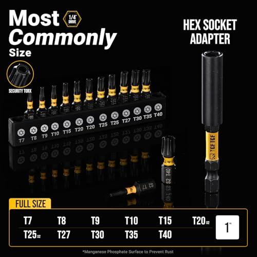 TGFTGF Impact Torx Bit Set 14PCS (TT7-TT40), 1” S2 Steel Security Torx, Tamper Proof Torque Star Bit Set with Magnetic CNC Machined Tips, Impact Screwdriver Bits with Extension Bit Holder Storage Case - size: 1" *13+1PCS