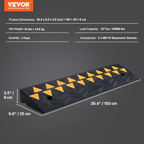 VEVOR Rubber Curb Ramp 3.5" Rise Height Sidewalk Curb Ramp, 10" Width 39.4" Length Driveway Ramp for Curb, 15T Heavy Duty Rubber for Forklifts, Trucks, Buses, Cars, Wheelchairs, Bikes