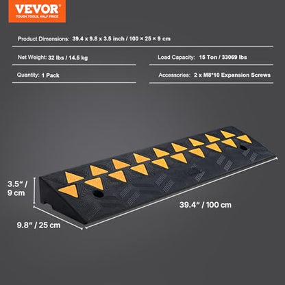 VEVOR Rubber Curb Ramp 3.5" Rise Height Sidewalk Curb Ramp, 10" Width 39.4" Length Driveway Ramp for Curb, 15T Heavy Duty Rubber for Forklifts, Trucks, Buses, Cars, Wheelchairs, Bikes