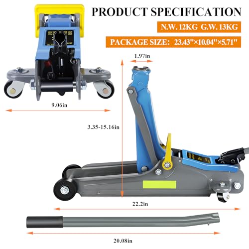 Larbanke 2.5T Floor Jack, Capable of Lifting from 3.35 Inches to 15.16 Inches, with Portable Handle Suitable for Safe Night Use, Low Profile Hydraulic Jack with Adjustable Oval Handle, Blue