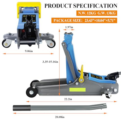 Larbanke 2.5T Floor Jack, Capable of Lifting from 3.35 Inches to 15.16 Inches, with Portable Handle Suitable for Safe Night Use, Low Profile Hydraulic Jack with Adjustable Oval Handle, Blue