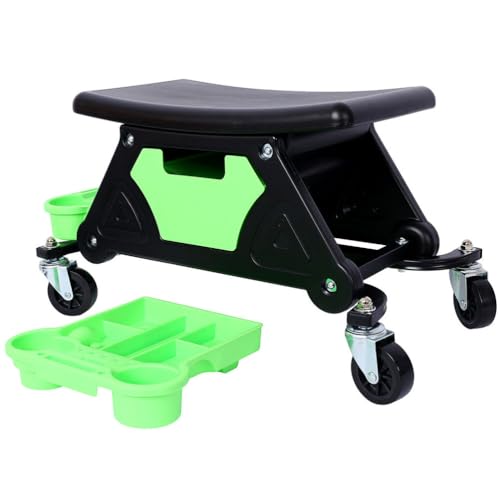 Mechanic Stool, 300 lbs Heavy Duty Rolling Garage Seat with Wheels Tool Storage Trays Drawer, 360° Swivel Creeper Seat for Auto Repair Workshop, Green