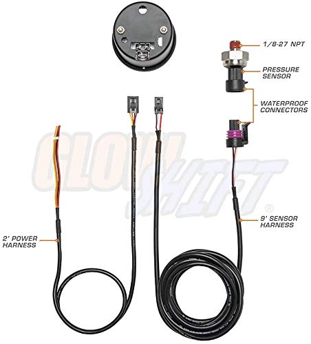 GlowShift Tinted 7 Color 100 PSI Fuel Pressure Gauge Kit, 2-1/16" 52mm | Includes 1/8-27 NPT Electronic Sensor & Wiring, Multi-Color Analog Display, Black Dial, Smoked Lens, For Car & Truck