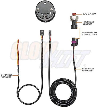 GlowShift Tinted 7 Color 100 PSI Fuel Pressure Gauge Kit, 2-1/16" 52mm | Includes 1/8-27 NPT Electronic Sensor & Wiring, Multi-Color Analog Display, Black Dial, Smoked Lens, For Car & Truck