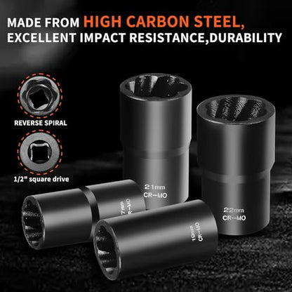 6 PCS Twist Socket Set, Stripped Lug Nut Remover Wheel Lock Removal Kit Extractor Set for Removing Damaged, Dead, Rusted, Rounded-Off Bolts, Nuts & Screws-17MM,19MM, 21MM, 22MM - style: 17mm,19mm,21mm,22mm